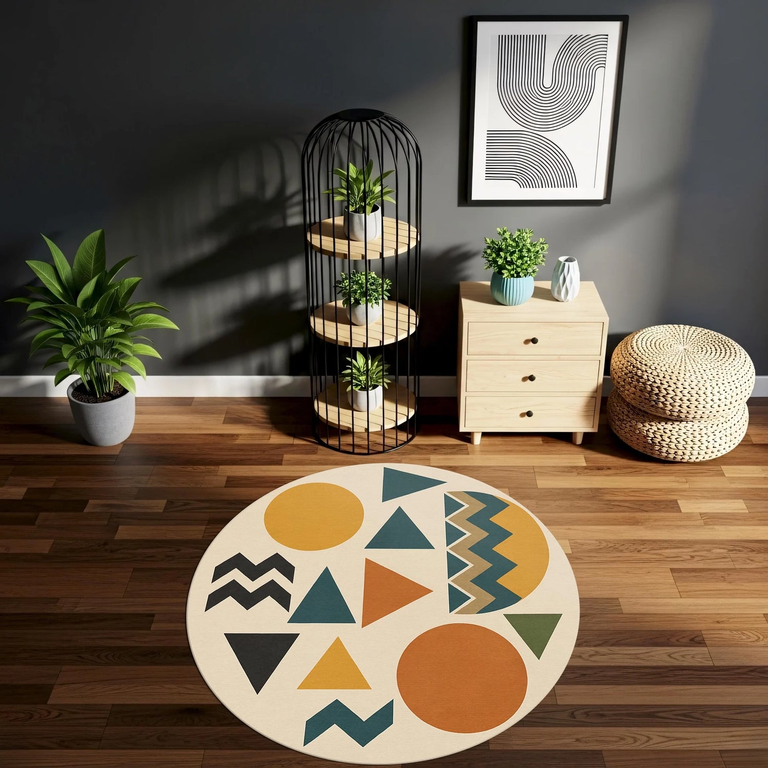 Dairesel formda tasarlanmış, açık krem fon üzerinde hardal, turuncu, yeşil ve siyah renklerle oluşturulmuş soyut geometrik şekillerden oluşan dijital baskı halı, simetrik olmayan ama dengeli kompozisyonuyla modern bir estetik sunar. Yüksek baskı kalitesi sayesinde üçgen, daire ve zikzak çizgileri keskin, renk doygunluğu dengeli ve desen bütünlüğü net şekilde algılanır. Salon, ofis, genç odası ve stüdyo kullanımı için ideal olan bu halı, FabricUp imzası
