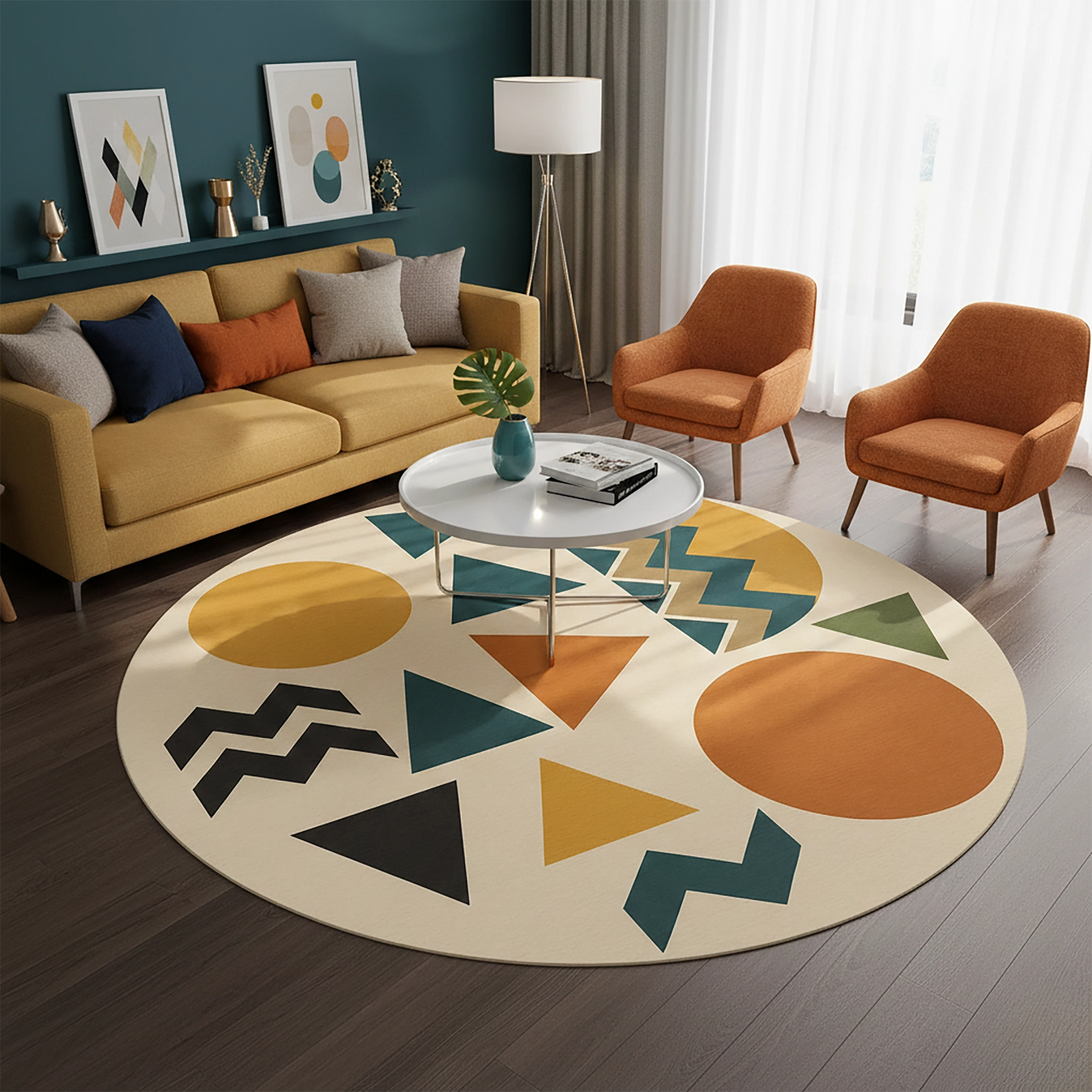 Krem zemin üzerinde hardal sarısı, turuncu, petrol yeşili ve siyah tonlarda daire, üçgen ve zikzak formlardan oluşan geometrik desenlere sahip yuvarlak dijital baskı halı, modern ve minimal kompozisyonuyla güçlü bir görsel denge sunar. Yüksek çözünürlüklü baskı sayesinde şekil kenarları net, renk geçişleri homojen ve yüzey dokusu pürüzsüz görünür. Salon, çalışma odası, genç odası ve ofis alanlarında kullanılabilecek bu tasarım, çağdaş dekorasyon stilini yansıtan FabricUp koleksiyonuna ait özgün bir halıdır.