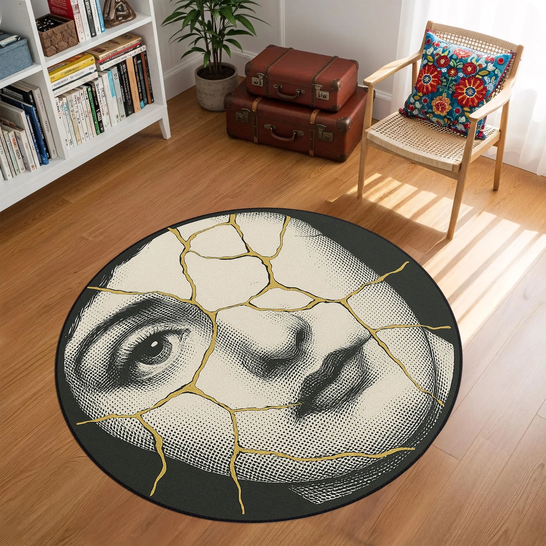 Sanatsal konseptli yuvarlak halı modeli; monokrom kadın portresi detaylı noktalama tekniğiyle betimlenmiştir. Yüz yüzeyini kesen altın tonlu çatlak çizgiler kintsugi estetiğini yansıtır. Modern, soyut ve çarpıcı figürlü tasarım.
