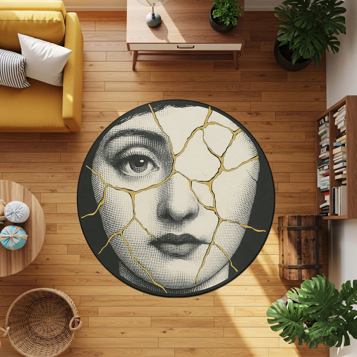 Modern sanat temalı yuvarlak halı, merkezde klasik kadın yüzü figürü barındırır. Siyah ve krem renk kontrastı öne çıkarken, yüz boyunca uzanan altın renkli çatlak desenler bütünlük ve kırılganlık temasını vurgular. Özgün ve estetik ürün tasarımı.
