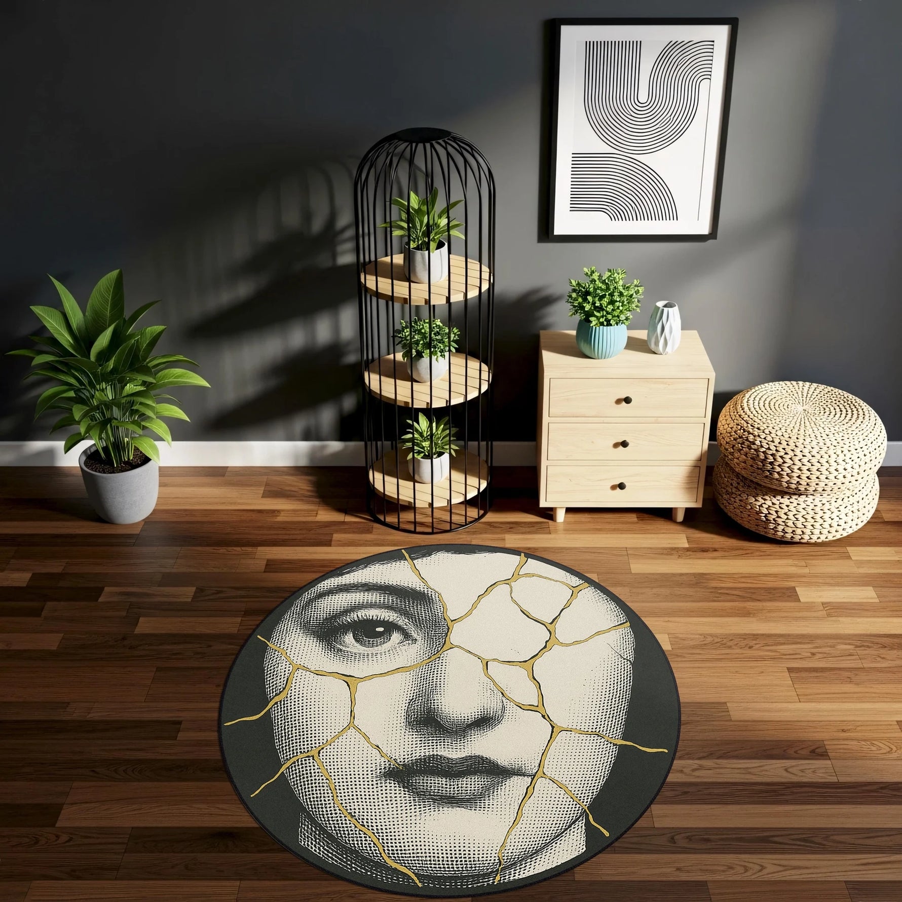 Figüratif tasarıma sahip yuvarlak halı; detaylı kadın yüzü çizimi, seramik çatlaklarını andıran altın renkli hatlarla bölünmüştür. Kintsugi esintili bu desen, modern ve sanatsal halı modelleri arasında dikkat çeken güçlü bir görsel sunar.
