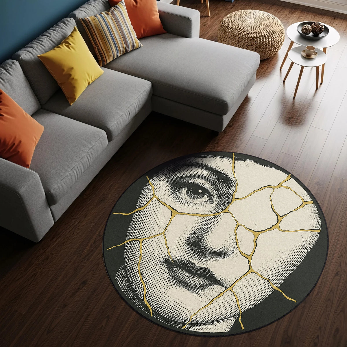 Yuvarlak formda tasarlanmış, siyah zemin üzerine işlenmiş klasik kadın yüzü illüstrasyonuna sahip dekoratif halı. Yüz figürü porselen doku hissi veren çatlak desenlerle bölünmüş, çatlaklar altın rengi kintsugi stilinde vurgulanmıştır. Sanatsal ve modern tasarım.
