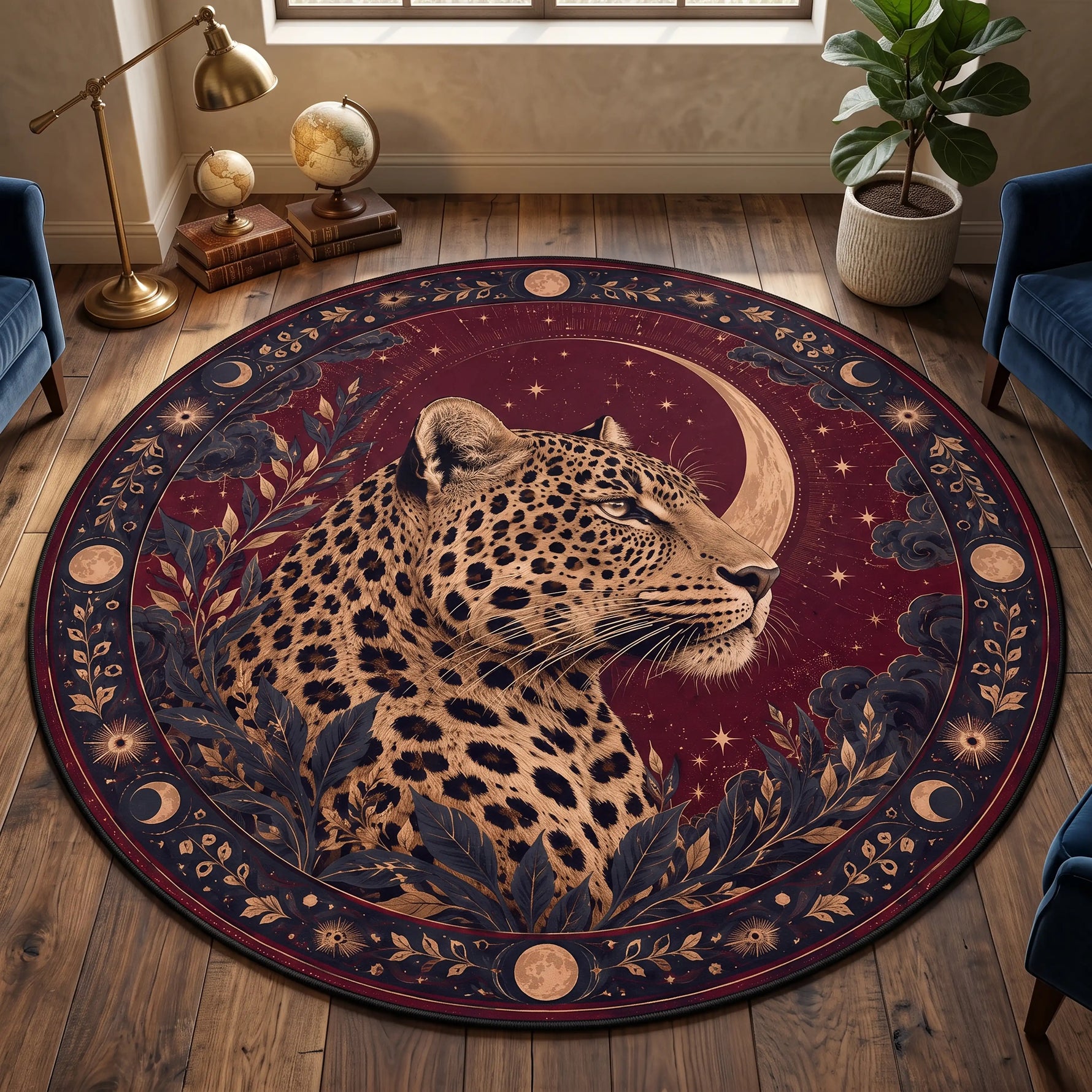 yuvarlak-leopar-hali-celestial-bordo-hilal-ay-yildiz-boho-desenli