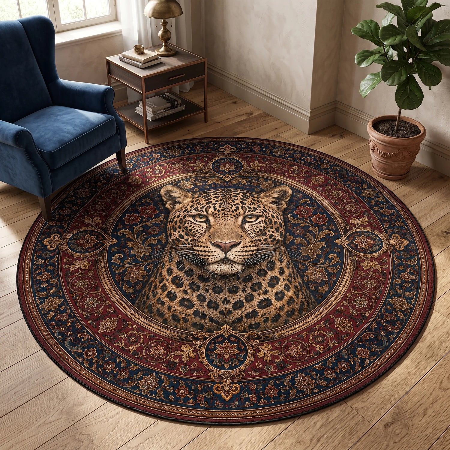  yuvarlak-leopar-madalyon-hali-pers-bordo-lacivert-cicek-arabeski-frontal-desenli