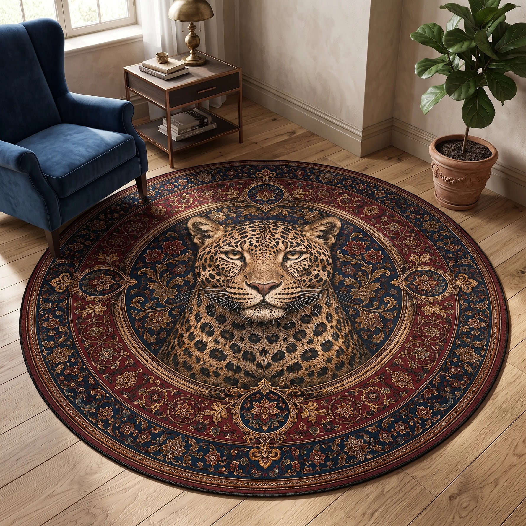  yuvarlak-leopar-madalyon-hali-pers-bordo-lacivert-cicek-arabeski-frontal-desenli