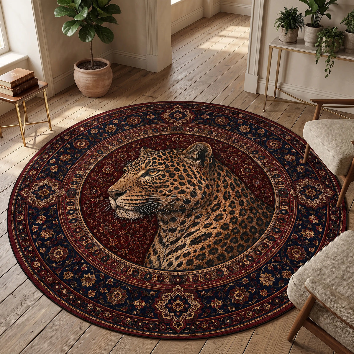 yuvarlak-leopar-madalyon-hali-yan-profil-bordo-lacivert-cicek-bordurlu-asil-desenli