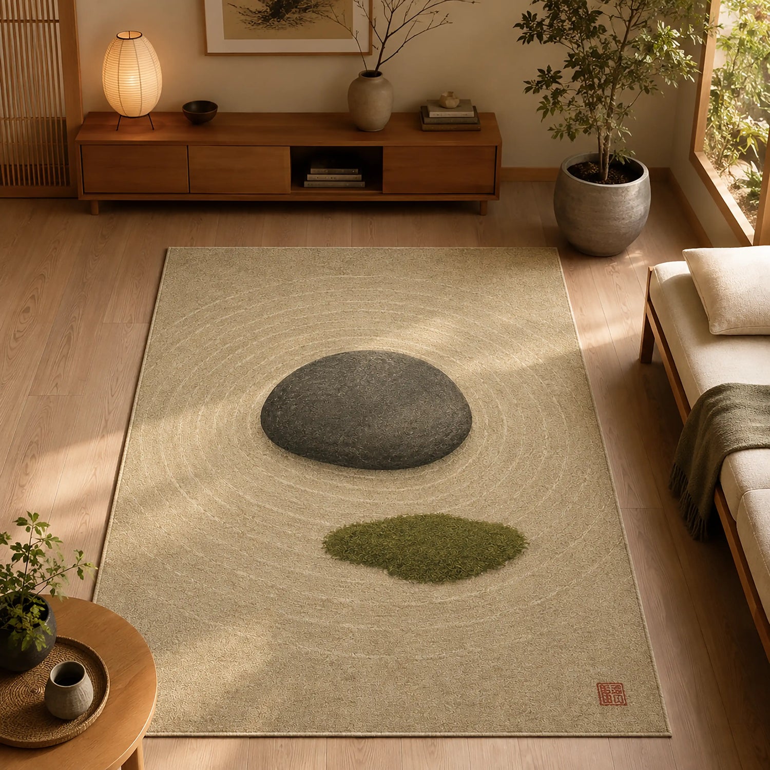 Zen Kum Bahçesi Desenli Halı – Wabi-Sabi Japon Minimalizmi