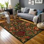 Doğal yaprak dokuları, gül ve kır çiçeği motifleriyle zenginleştirilmiş yeşil fonlu klasik floral halı, botanik desen, retro stil, rustik estetik ve sıcak renk paletiyle zamansız bir dekoratif halı tasarımı oluşturur.
