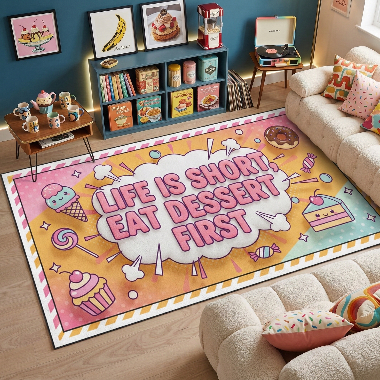 Pop art ve illüstratif stilde tasarlanmış modern dekoratif halı, merkezde büyük tipografi ile yazılmış “LIFE IS SHORT EAT DESSERT FIRST” metni bulunan çizgi roman tarzı patlama kompozisyonuna sahiptir. Zeminde turuncu ve pembe tonlar kullanılmış, çevresinde dondurma, cupcake, donut, şeker ve tatlı illüstrasyonları yer alan grafik tasarım halı.