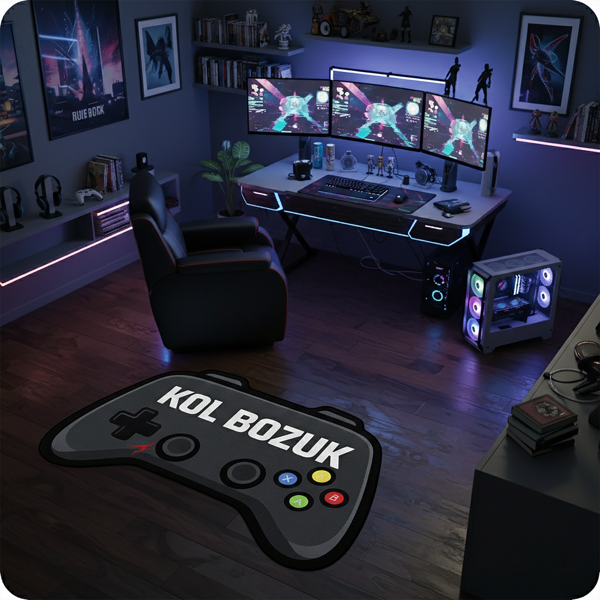 Özel şekilli oyuncu halısı; siyah gamepad silüeti üzerine beyaz "KOL BOZUK" metni ve renkli kumanda butonları işlenmiştir. Oyun severlere özel, yüksek kaliteli dijital baskıya sahip, şık ve tematik gamer odası aksesuarı.
