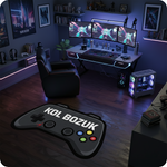 Özel şekilli oyuncu halısı; siyah gamepad silüeti üzerine beyaz "KOL BOZUK" metni ve renkli kumanda butonları işlenmiştir. Oyun severlere özel, yüksek kaliteli dijital baskıya sahip, şık ve tematik gamer odası aksesuarı.