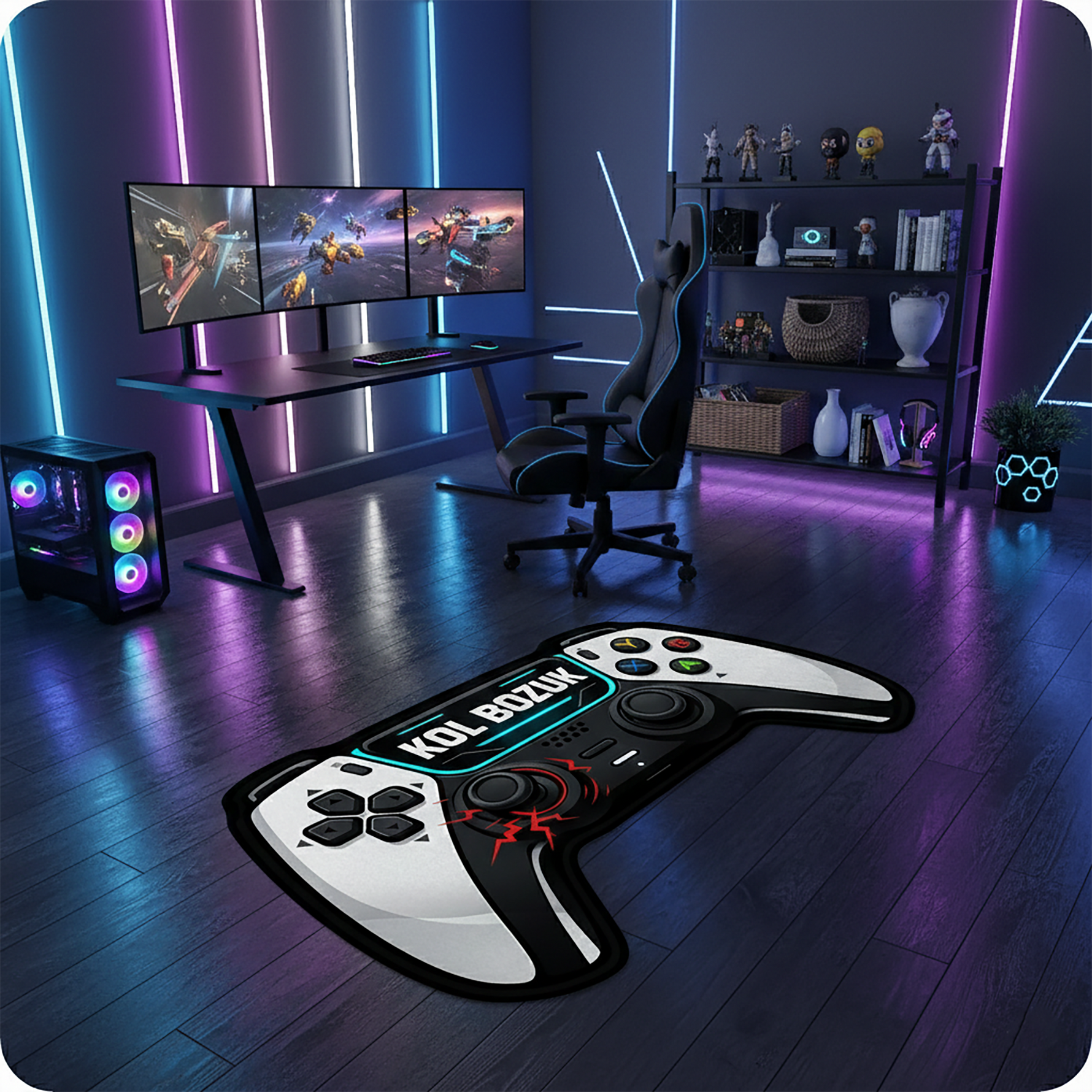 Gamepad figürlü tematik genç odası halısı. Konsol grafiğinin üzerinde beyaz harflerle "KOL BOZUK" yazısı, renkli ABXY tuşları ve kırmızı kıvılcım görselleri mevcuttur. Siyah-beyaz kontrastı ile oyun odası konseptine uygun, özel kesim dekoratif halı.