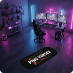 Gamer temalı ev dekorasyonu için PİNG YÜKSEK (999) yazılı özel tasarım oval halı. Siyah üzerine kontrast oluşturan beyaz metin ve kırmızı gecikme göstergesiyle oyuncu odası estetiğini tamamlayan, dijital baskılı, mizahi yer halısı.