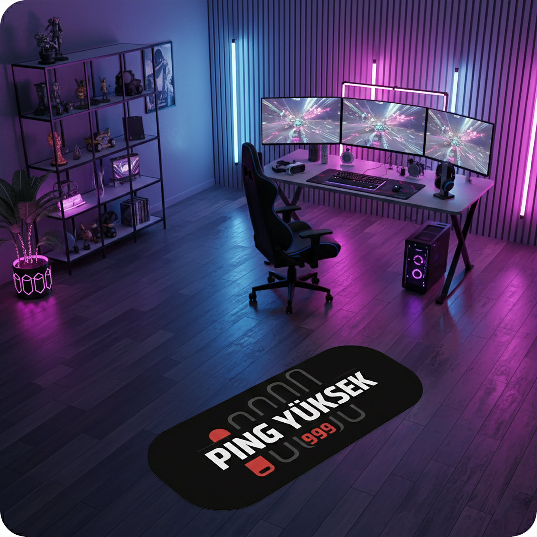 Gamer temalı ev dekorasyonu için PİNG YÜKSEK (999) yazılı özel tasarım oval halı. Siyah üzerine kontrast oluşturan beyaz metin ve kırmızı gecikme göstergesiyle oyuncu odası estetiğini tamamlayan, dijital baskılı, mizahi yer halısı.