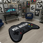 Gamer odası dekorasyonu için "KOL BOZUK" yazılı, siyah-gri gamepad figürlü dekoratif halı. Özel kesim formu, canlı dijital baskısı ve oyun temalı esprili içeriğiyle dikkat çeken, yıkanabilir ve kaymaz tabanlı modern halı.