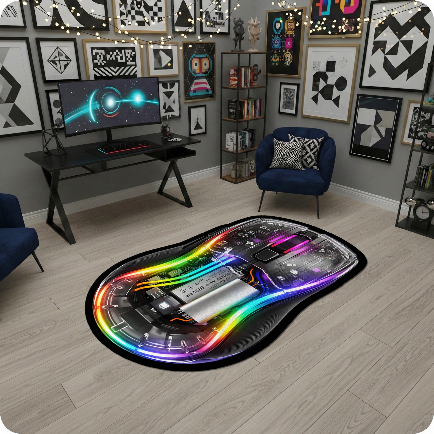 RGB Gaming Mouse Şekilli Neon Renkli Modern Oyun Halısı