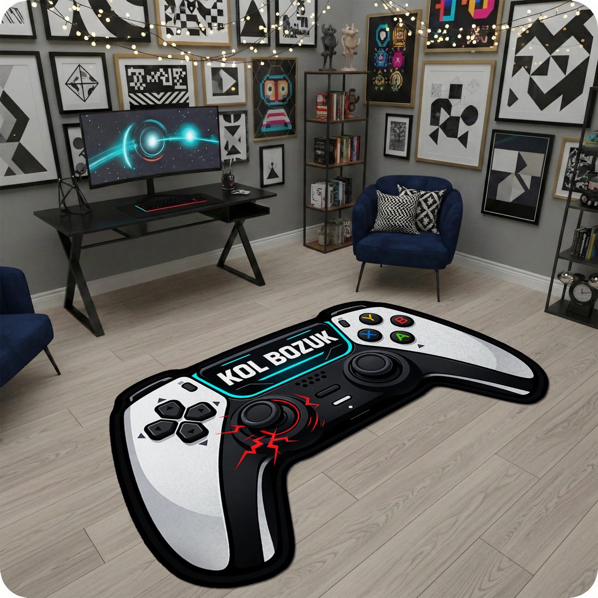 Gamer odası dekorasyonu için gamepad şeklinde özel kesim dijital baskılı halı. Siyah ve beyaz oyun konsolu figürü üzerinde beyaz harflerle "KOL BOZUK" yazısı ve kırmızı elektriklenme/arıza efekti bulunan, kaymaz tabanlı tematik oyuncu halısı.