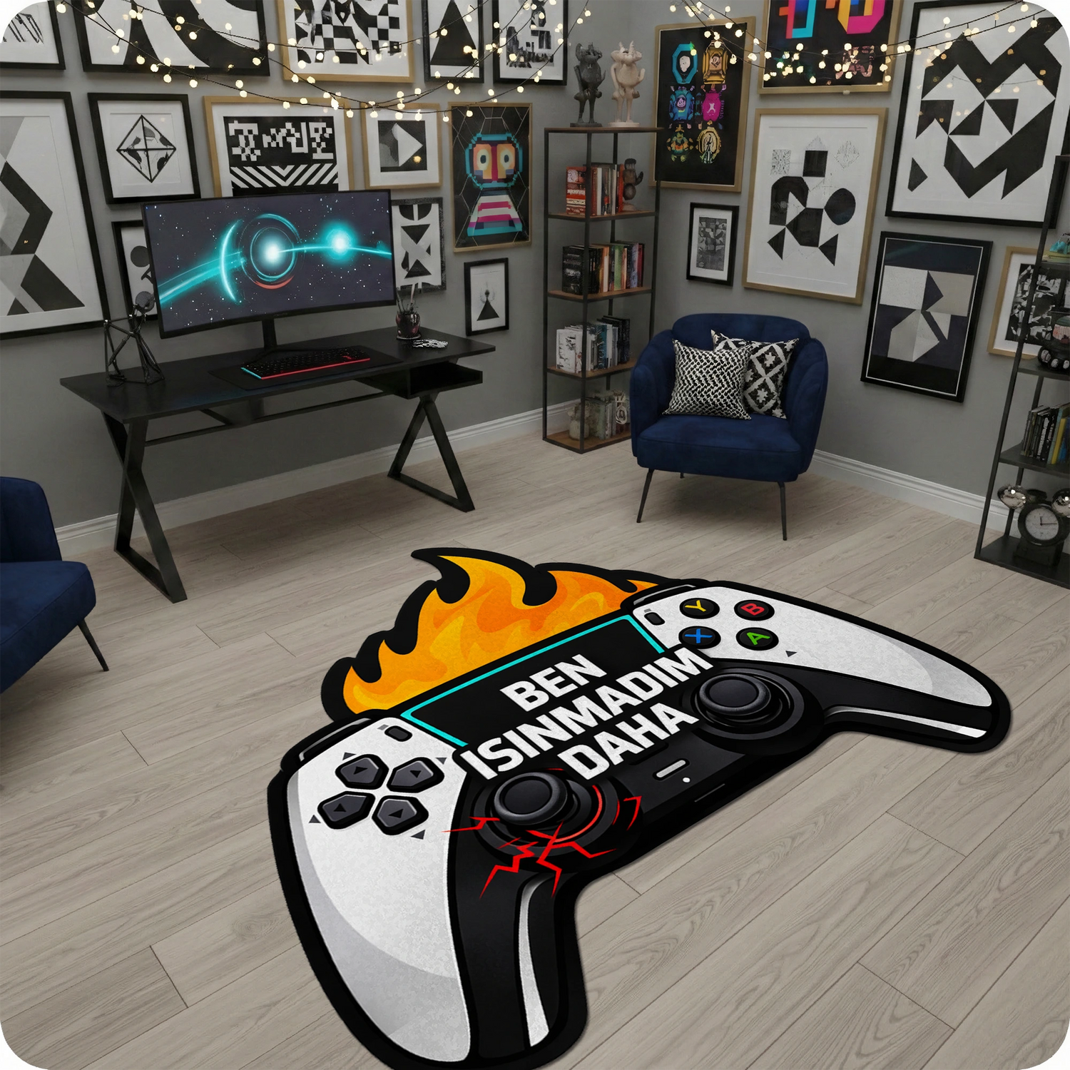 Gamer odası için gamepad formunda özel kesim dijital baskılı halı. Siyah ve beyaz renkli oyun konsolu figürü üzerinde alev görselleri ve büyük beyaz harflerle Ben Isınmadım Daha yazısı bulunan, kaymaz tabanlı modern tematik halı.