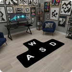 Minimal grafik tasarım stilinde hazırlanmış dekoratif halı, siyah zemin üzerinde büyük beyaz harflerle oluşturulmuş tipografi kompozisyonu içerir. W, A, S ve D harfleri dört farklı yönde konumlandırılmıştır. Geometrik ve sade düzeniyle teknoloji ve oyun kültürünü yansıtan modern tipografi odaklı grafik halı tasarımıdır.