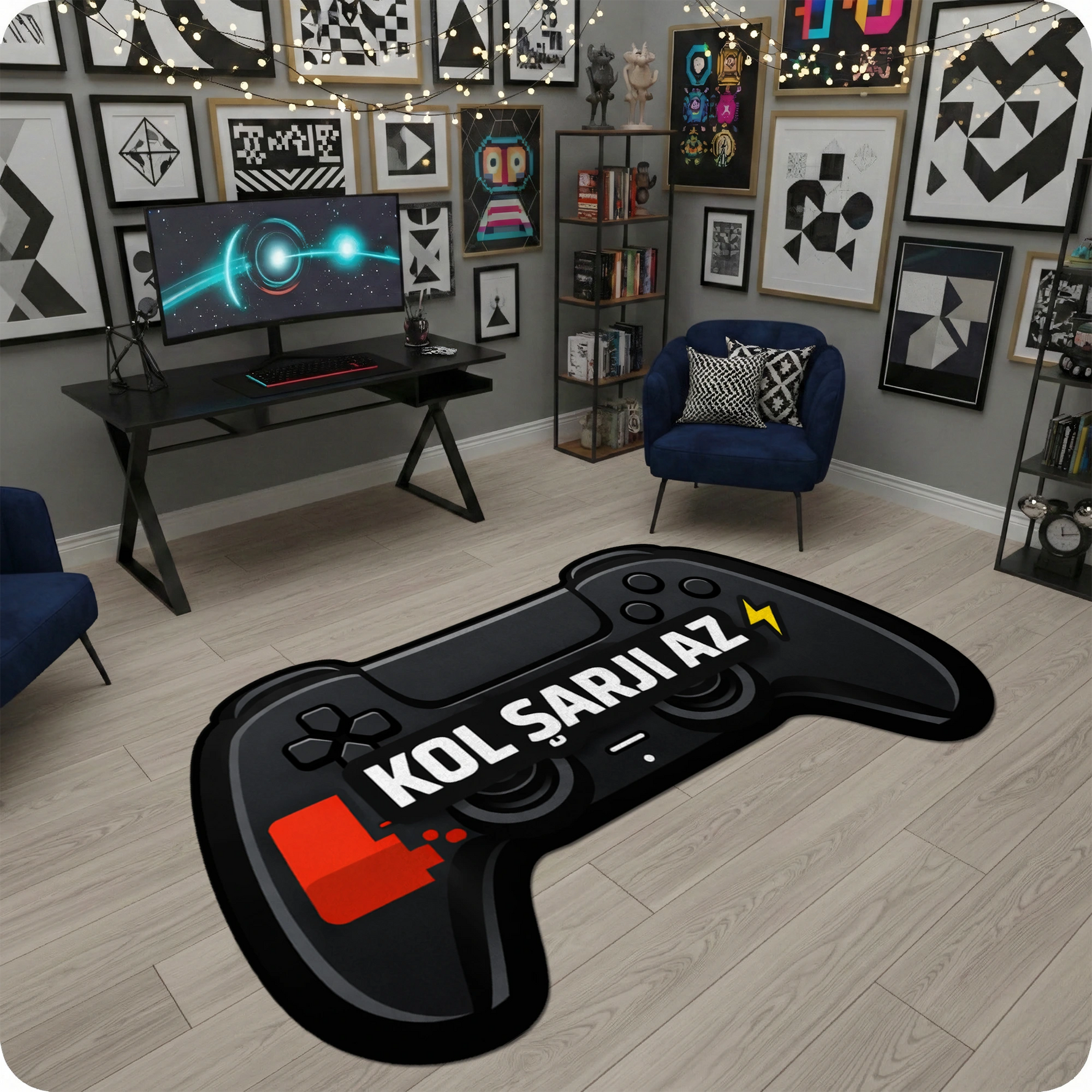 Gamer odası dekorasyonu için tasarlanmış gamepad formunda dekoratif halı. Üzerinde Türkçe oyun temalı Kol Şarji Az ibaresi bulunan, siyah modern tasarımlı, yumuşak dokulu ve canlı renkli dijital baskıya sahip özel şekilli yıkanabilir oyuncu halısı.