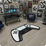 Futuristik ve minimal estetiğe sahip modern dekoratif halı, oyun kumandası şeklinde tasarlanmış grafik kompozisyon içerir. Beyaz ana yüzey üzerinde siyah detaylar, analog çubuklar ve yön tuşları yer alır. Geometrik kontrol sembolleri ve sade renk kontrastı ile hazırlanmış teknoloji temalı illüstratif halı tasarımıdır.