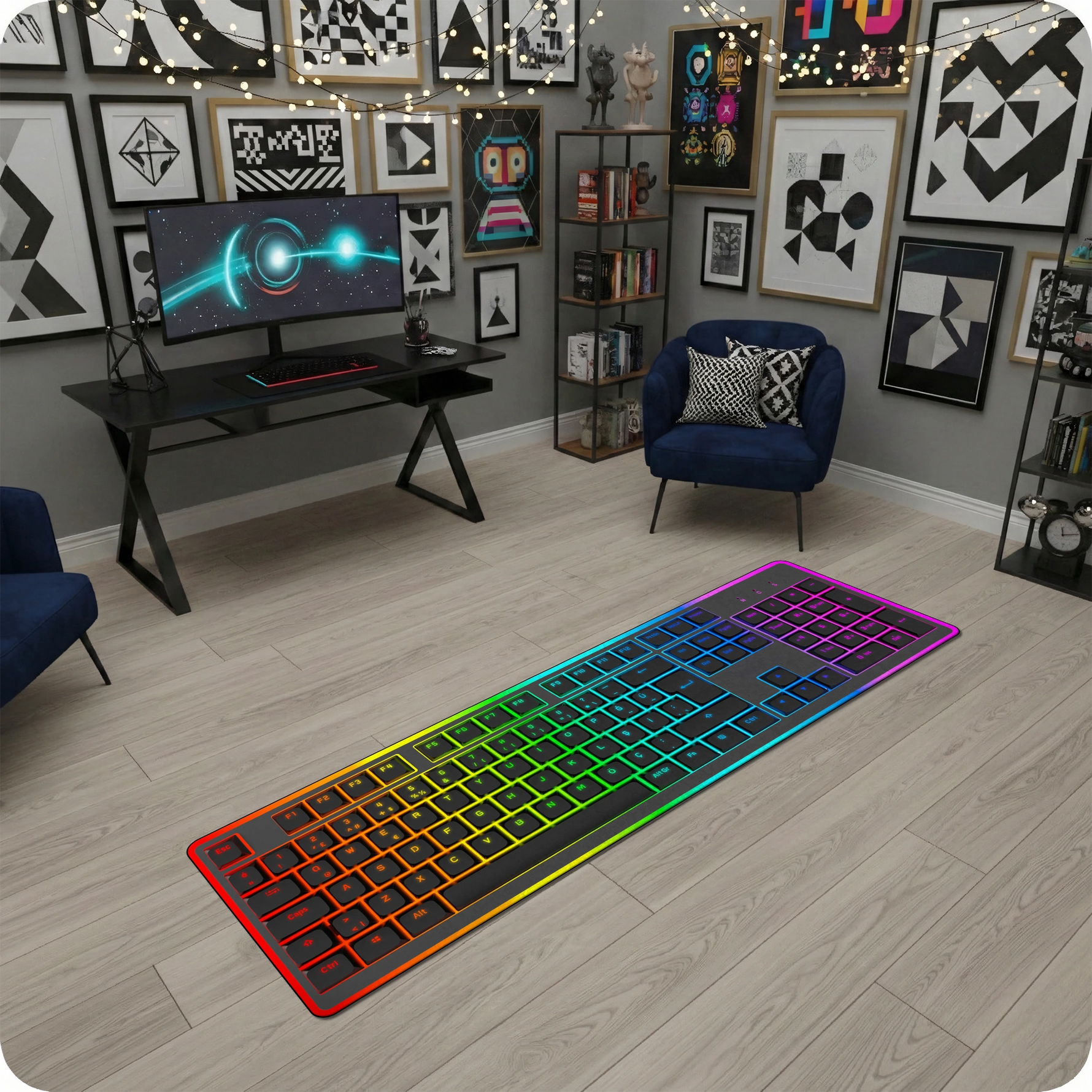 Modern ve futuristik grafik stilinde tasarlanmış dekoratif halı, bilgisayar klavyesi görünümünde simetrik tuş düzenine sahip bir kompozisyon içerir. Siyah arka plan üzerinde RGB renk geçişleri kırmızı, sarı, yeşil, mavi ve mor tonlarıyla tuşları vurgular ve teknoloji temalı minimal grafik halı tasarımı ortaya çıkar.