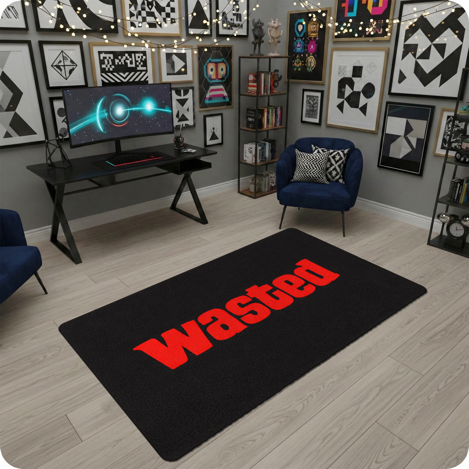 Wasted Yazılı Siyah Minimal Gamer Temalı Modern Halı