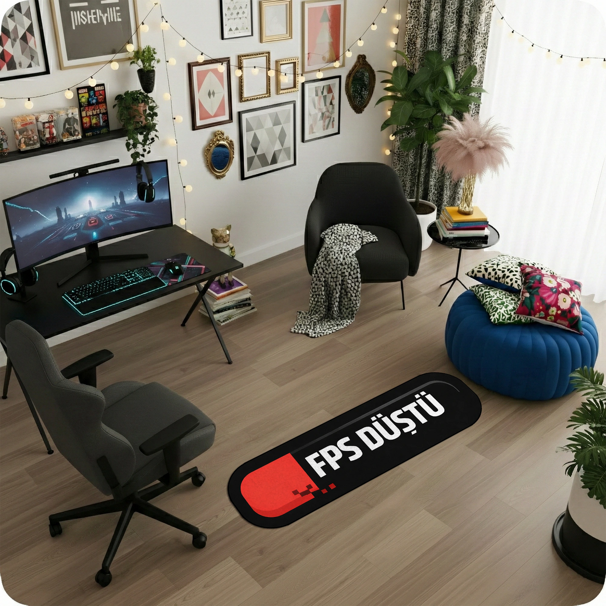 Bilgisayar oyunları konseptli, siyah renkli ve "FPS DÜŞTÜ" yazılı dekoratif halı. Kırmızı piksel detaylı grafik öğesiyle zenginleştirilmiş, kaymaz tabanlı, yıkanabilir ve oyuncu masası altına uygun modern tasarım tematik yer halısı.