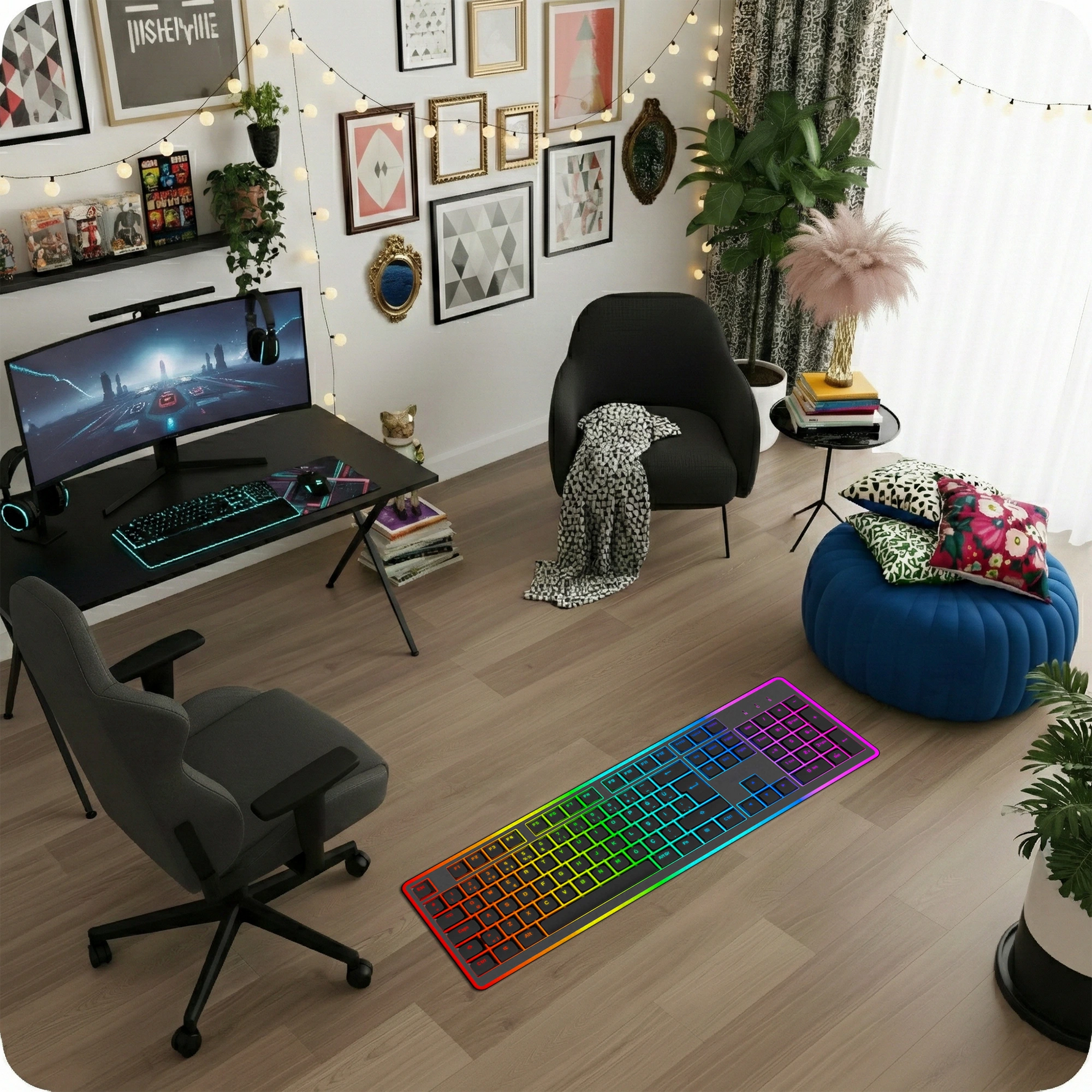 Teknoloji temalı modern dekoratif halı tasarımı, uzun yatay klavye formu ile oluşturulmuş grafik kompozisyona sahiptir. Siyah zemin üzerinde düzenli tuş dizilimi bulunur ve her tuş RGB neon renk spektrumu ile vurgulanır. Kırmızıdan mora uzanan canlı geçişler futuristik ve minimal grafik estetiği oluşturur.