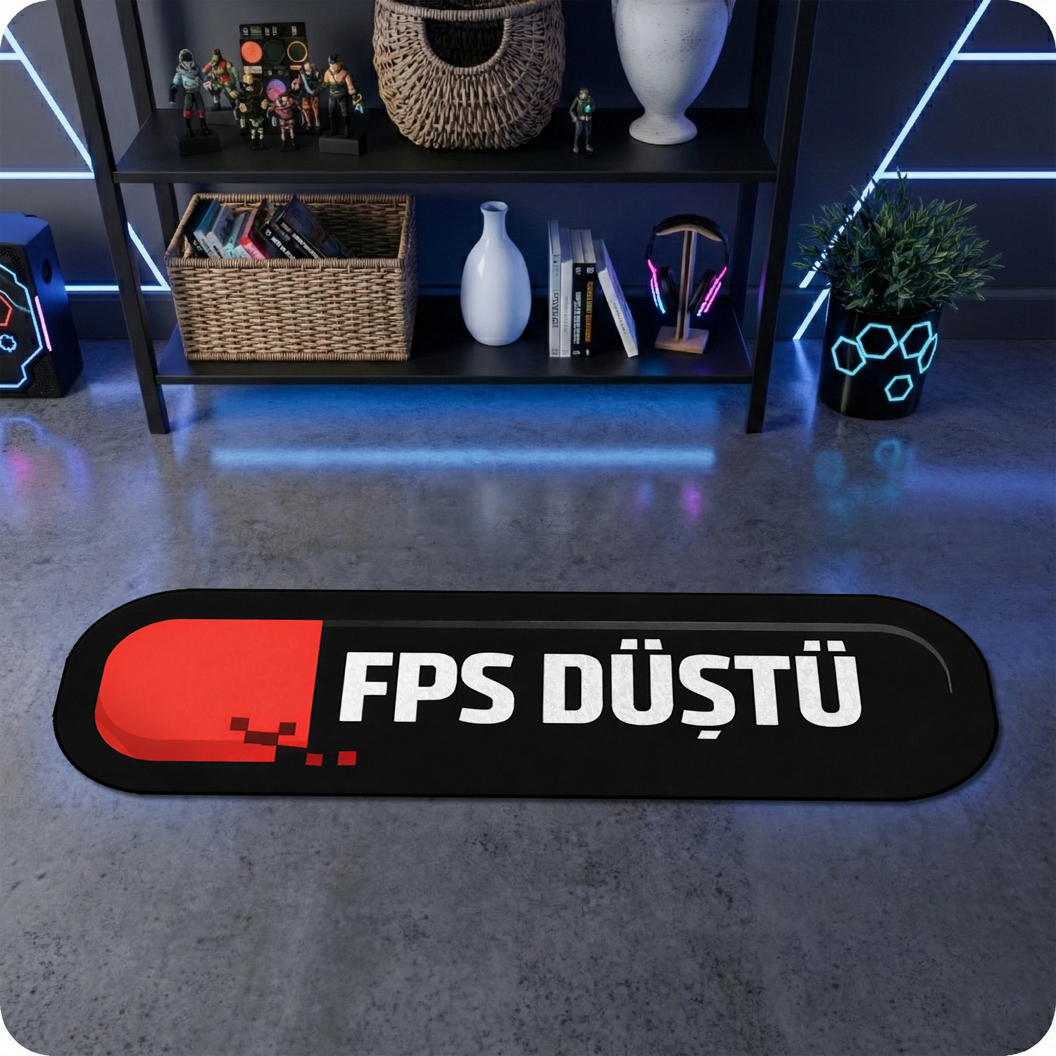 Oyun tutkunlarına özel "FPS DÜŞTÜ" ibareli dekoratif paspas halı. Modern siyah zemin, canlı kırmızı grafik detayları ve net beyaz tipografisi ile oyun odası konseptine uygun, estetik ve kaymaz tabanlı iç mekan tekstil ürünü.