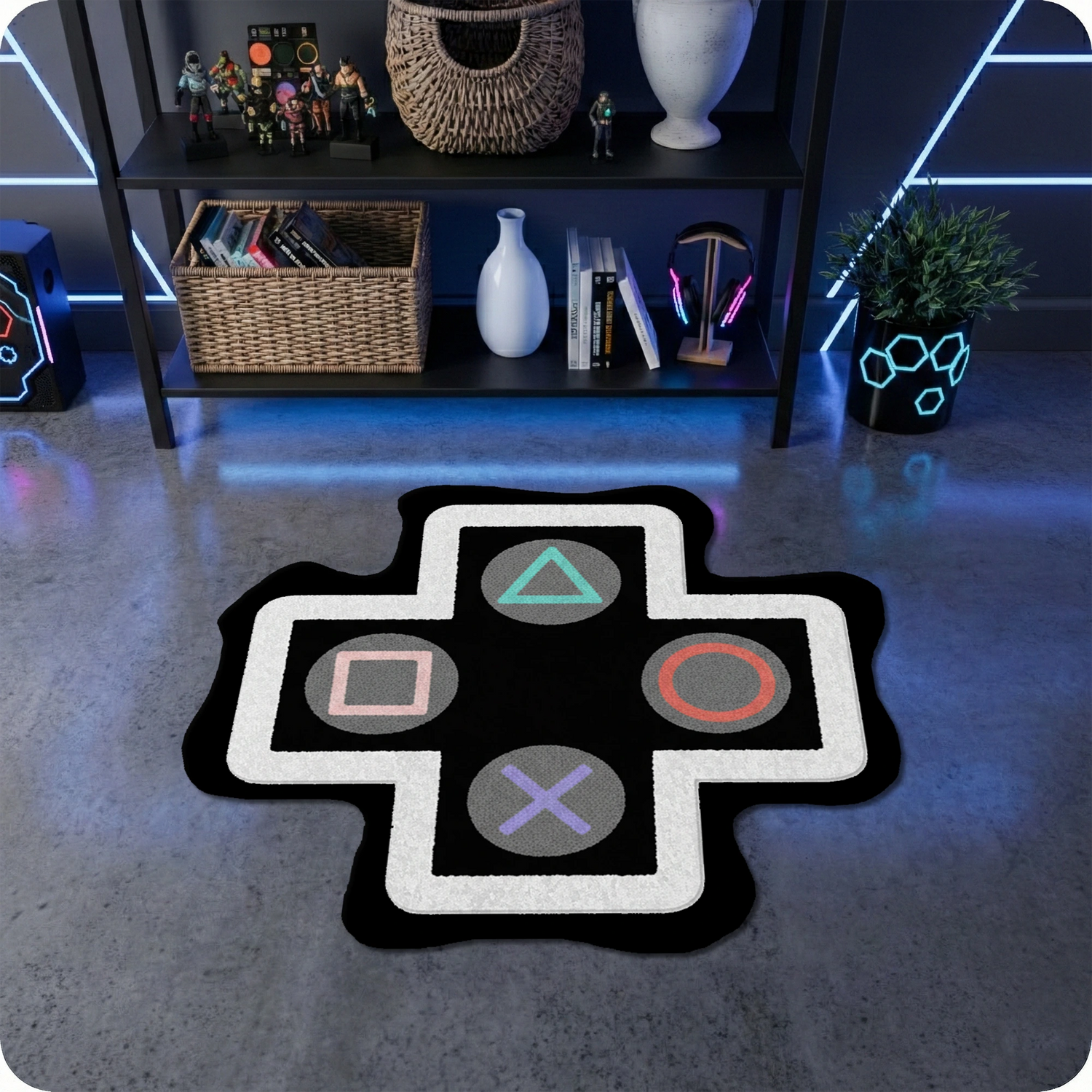 Gamepad Yön Tuşları Şekilli Siyah Beyaz Gamer Oyun Halısı