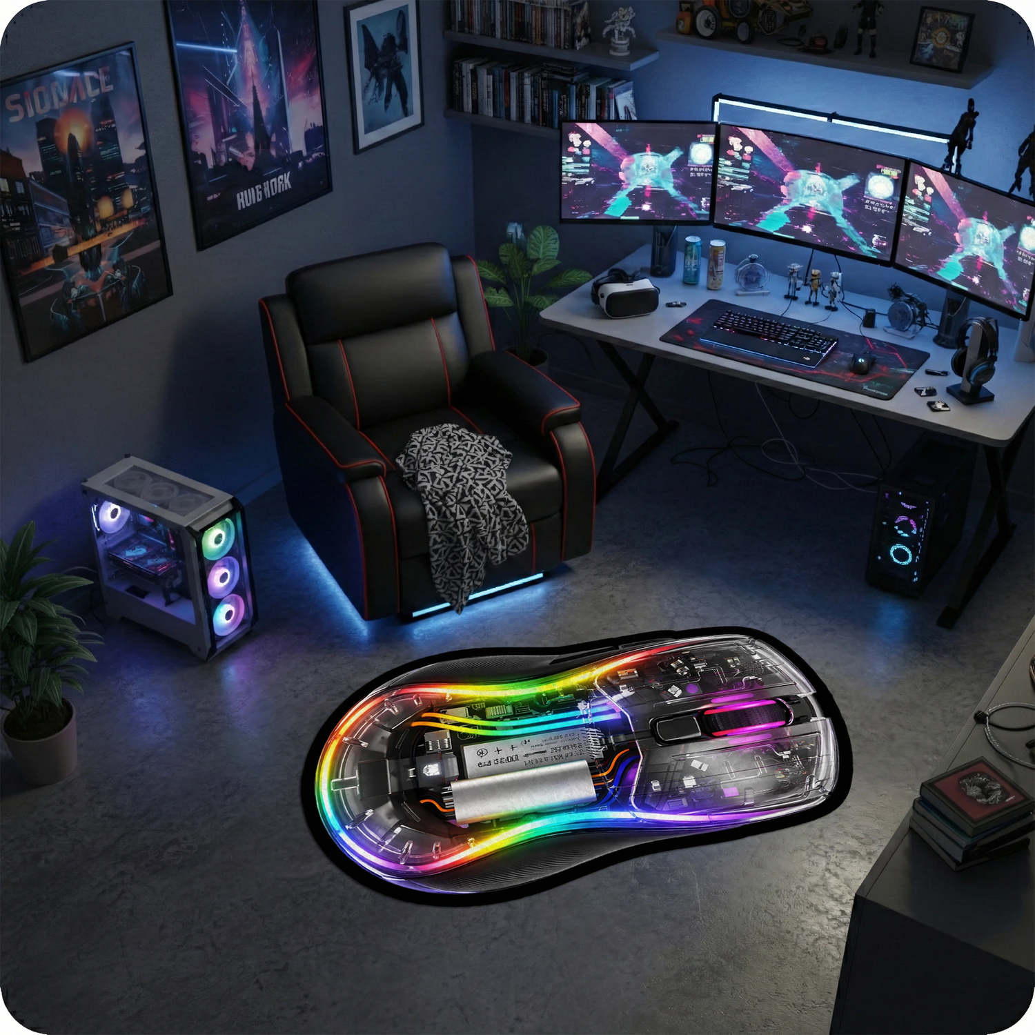RGB Gaming Mouse Şekilli Neon Renkli Modern Oyun Halısı