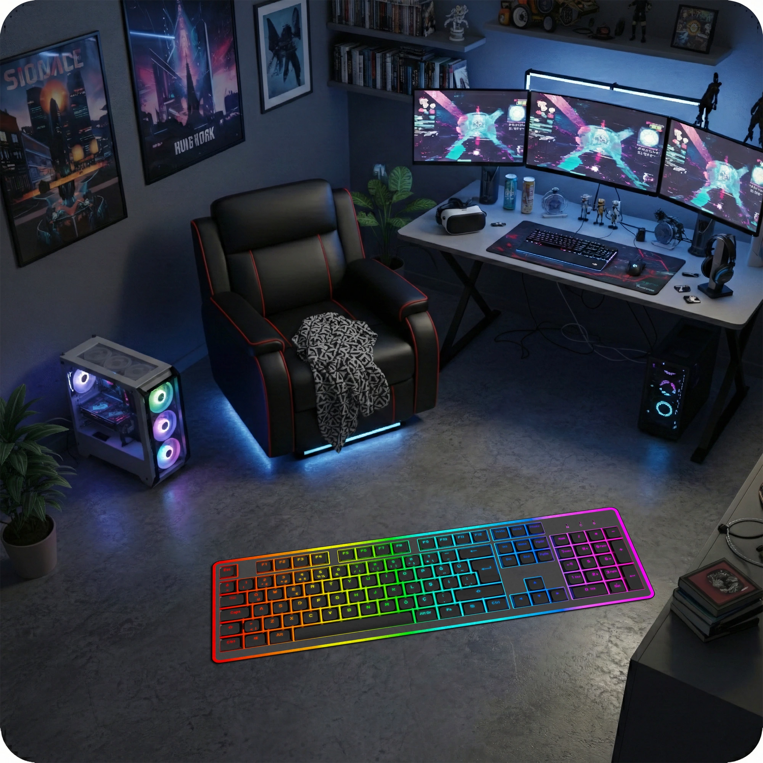 Minimal ve teknoloji temalı grafik tasarım halı, klavye formunda uzun dikdörtgen kompozisyon içerir. Siyah zemin üzerinde düzenli sıralanmış tuş şekilleri bulunur ve her tuş RGB neon renk geçişleriyle vurgulanır. Kırmızıdan mora uzanan canlı spektrum futuristik, modern ve illüstratif bir sanatsal halı tasarımı oluşturur.