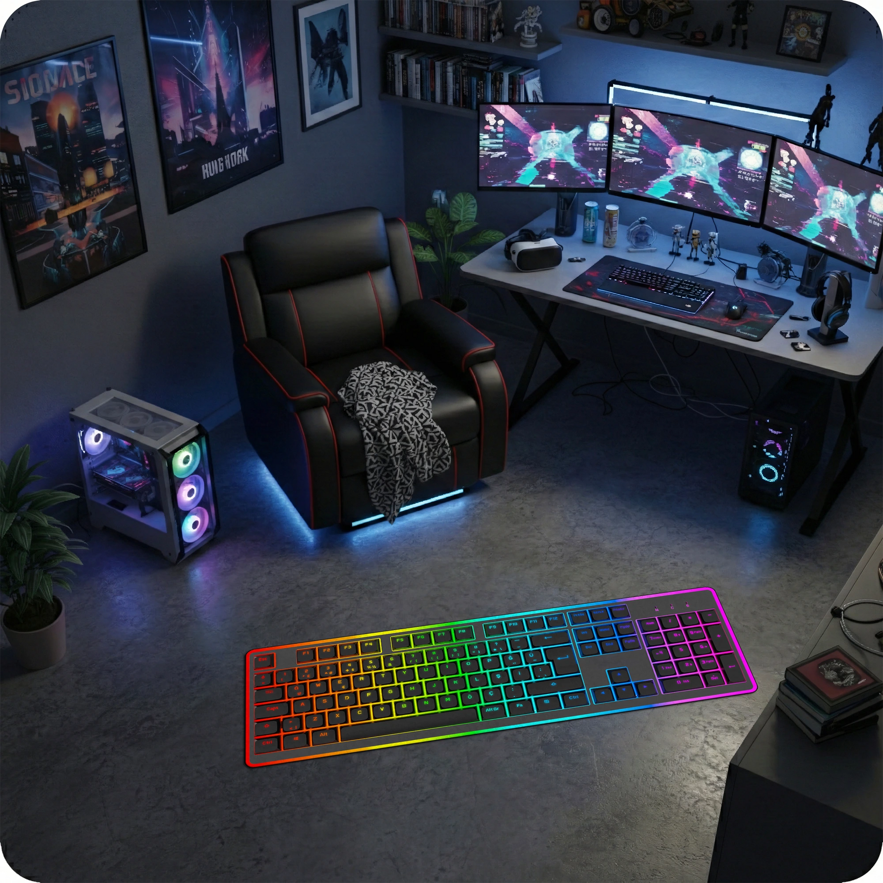 Minimal ve teknoloji temalı grafik tasarım halı, klavye formunda uzun dikdörtgen kompozisyon içerir. Siyah zemin üzerinde düzenli sıralanmış tuş şekilleri bulunur ve her tuş RGB neon renk geçişleriyle vurgulanır. Kırmızıdan mora uzanan canlı spektrum futuristik, modern ve illüstratif bir sanatsal halı tasarımı oluşturur.