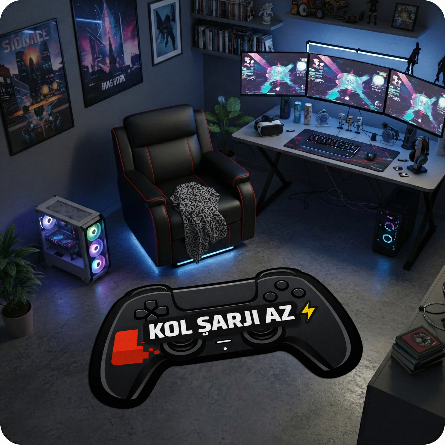 Gamepad figürlü, siyah renkli, özel kesim oyun odası halısı. Ürünün merkezinde dikkat çekici Kol Şarji Az yazısı, sol tarafında kırmızı biten pil görseli ve sağında sarı enerji ikonu bulunur. Oyun temalı ev dekorasyonu için ideal, şık ve tematik halı.