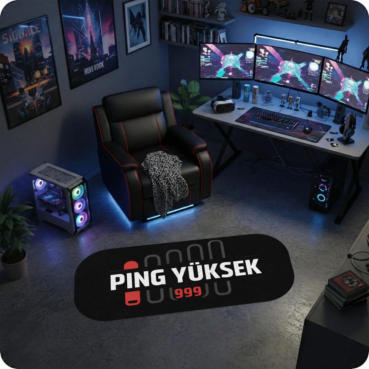 Siyah zemin üzerine büyük beyaz harflerle PİNG YÜKSEK yazılı ve hemen altında kırmızı renkte (999) ibaresi bulunan oval şekilli modern halı. Gamer odaları için tasarlanmış, dijital baskılı, mizahi ve tematik bir dekorasyon ürünü.