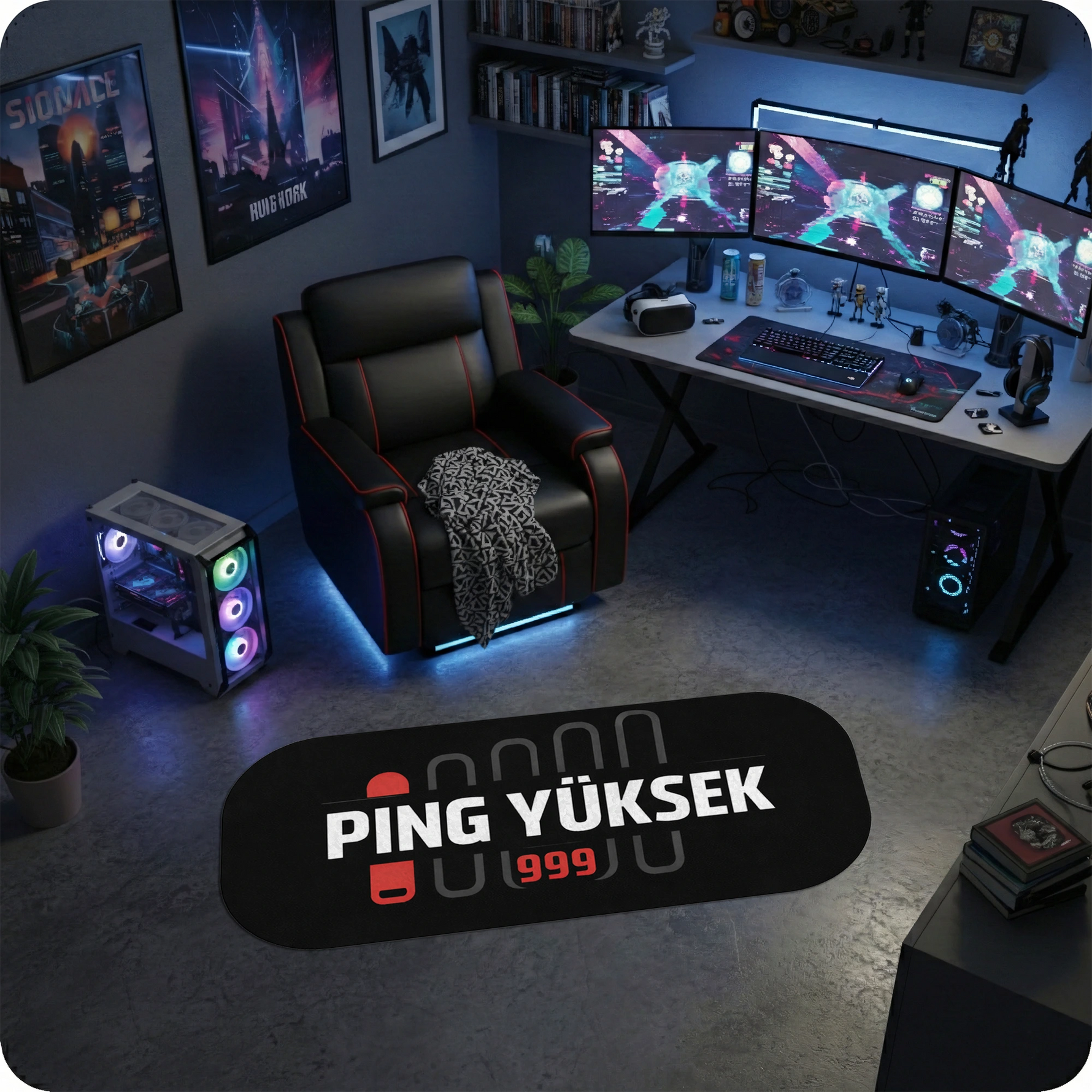 Siyah zemin üzerine büyük beyaz harflerle PİNG YÜKSEK yazılı ve hemen altında kırmızı renkte (999) ibaresi bulunan oval şekilli modern halı. Gamer odaları için tasarlanmış, dijital baskılı, mizahi ve tematik bir dekorasyon ürünü.