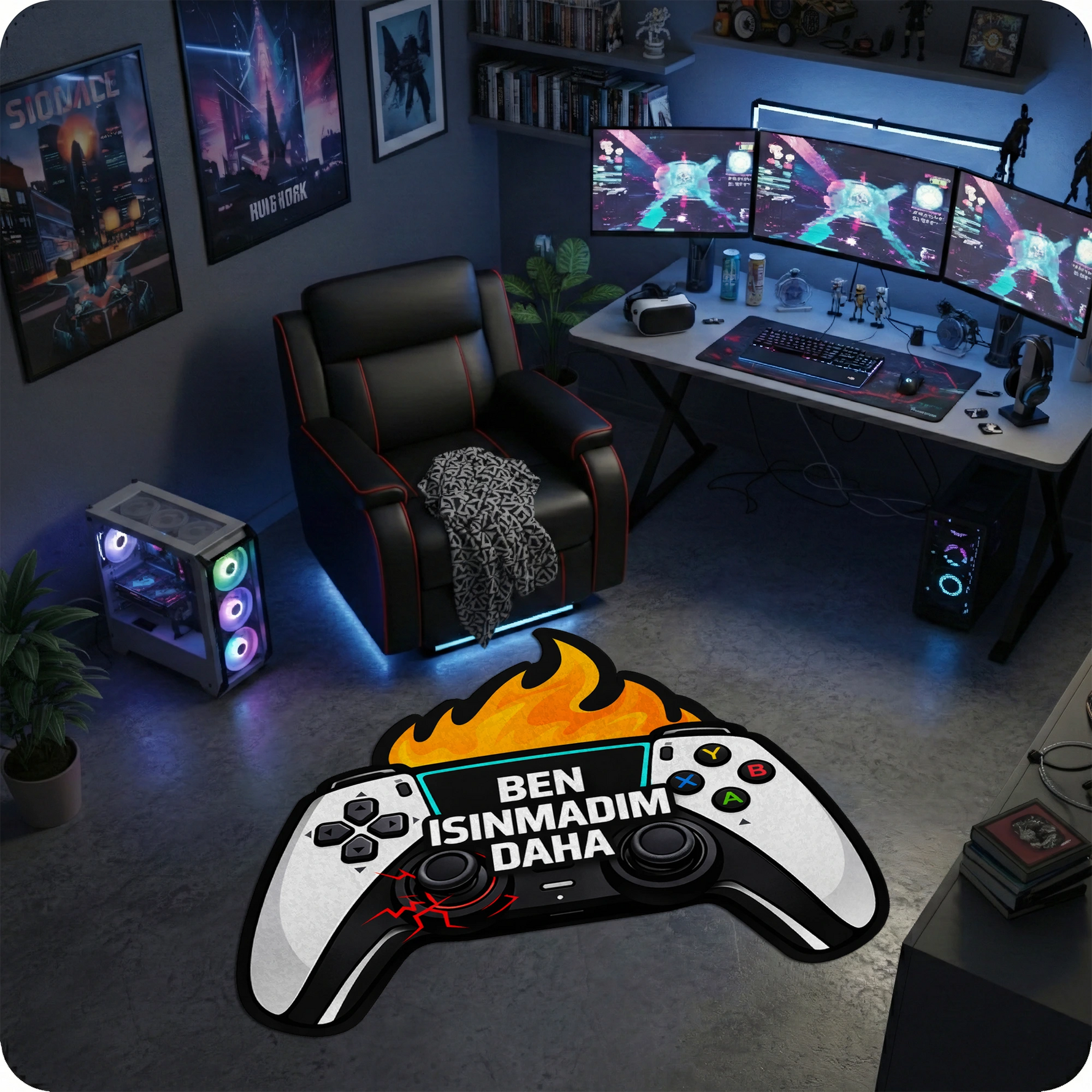 Oyun tutkunlarına özel şekilli kaymaz halı. Alevli bir gamepad tasvir eden ürünün ortasında Türkçe Ben Isınmadım Daha ibaresi yer alır. D-pad, analoglar ve ABXY tuşları gibi konsol detaylarına sahip, estetik oyuncu dekorasyonu.