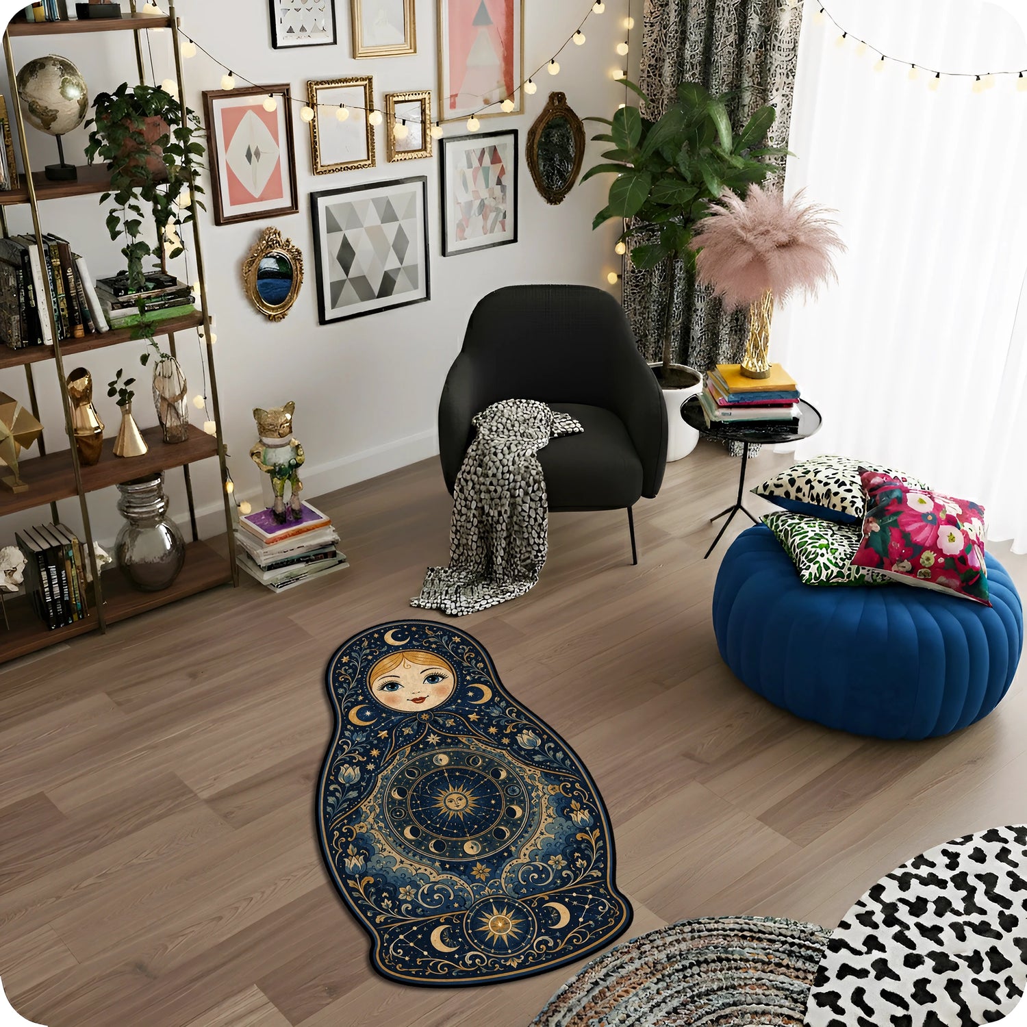 Lacivert Matruşka Şekilli Halı Etnik Vintage Dekor