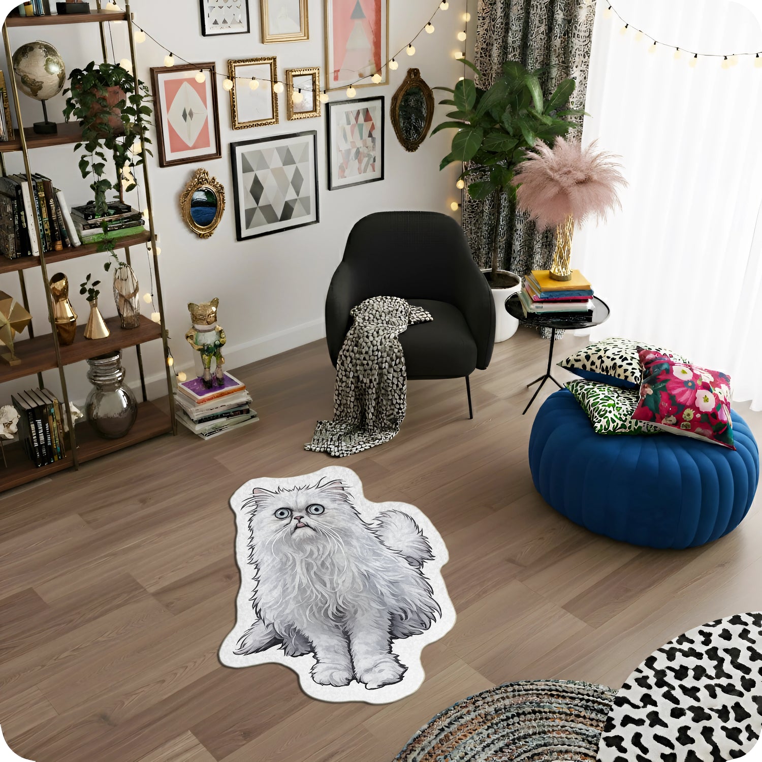 Tuhaf Görünümlü Kedi Desenli Eğlenceli Dekoratif Halı