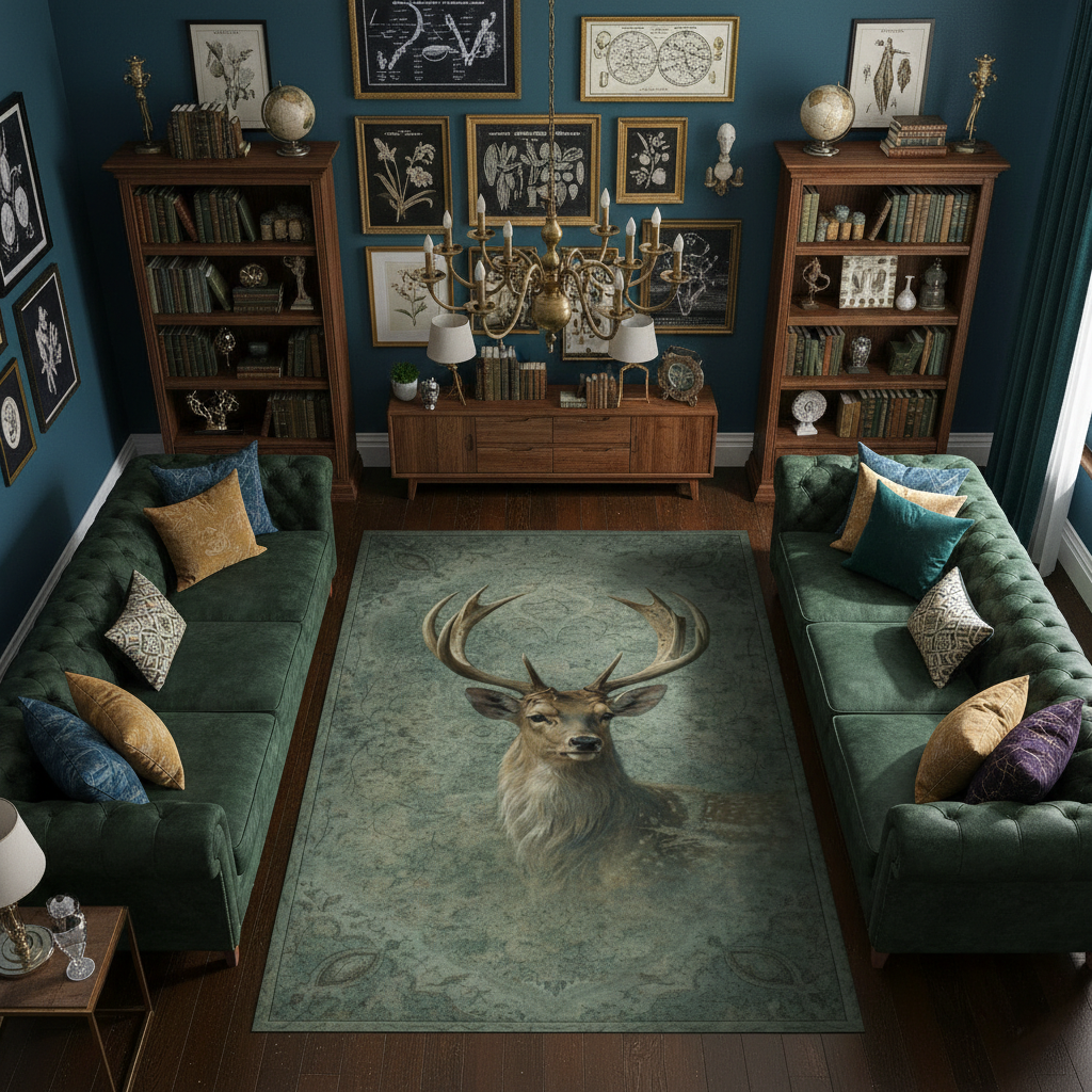 Doğal Geyik Portreli Dekoratif Eskitme Görünümlü Halı