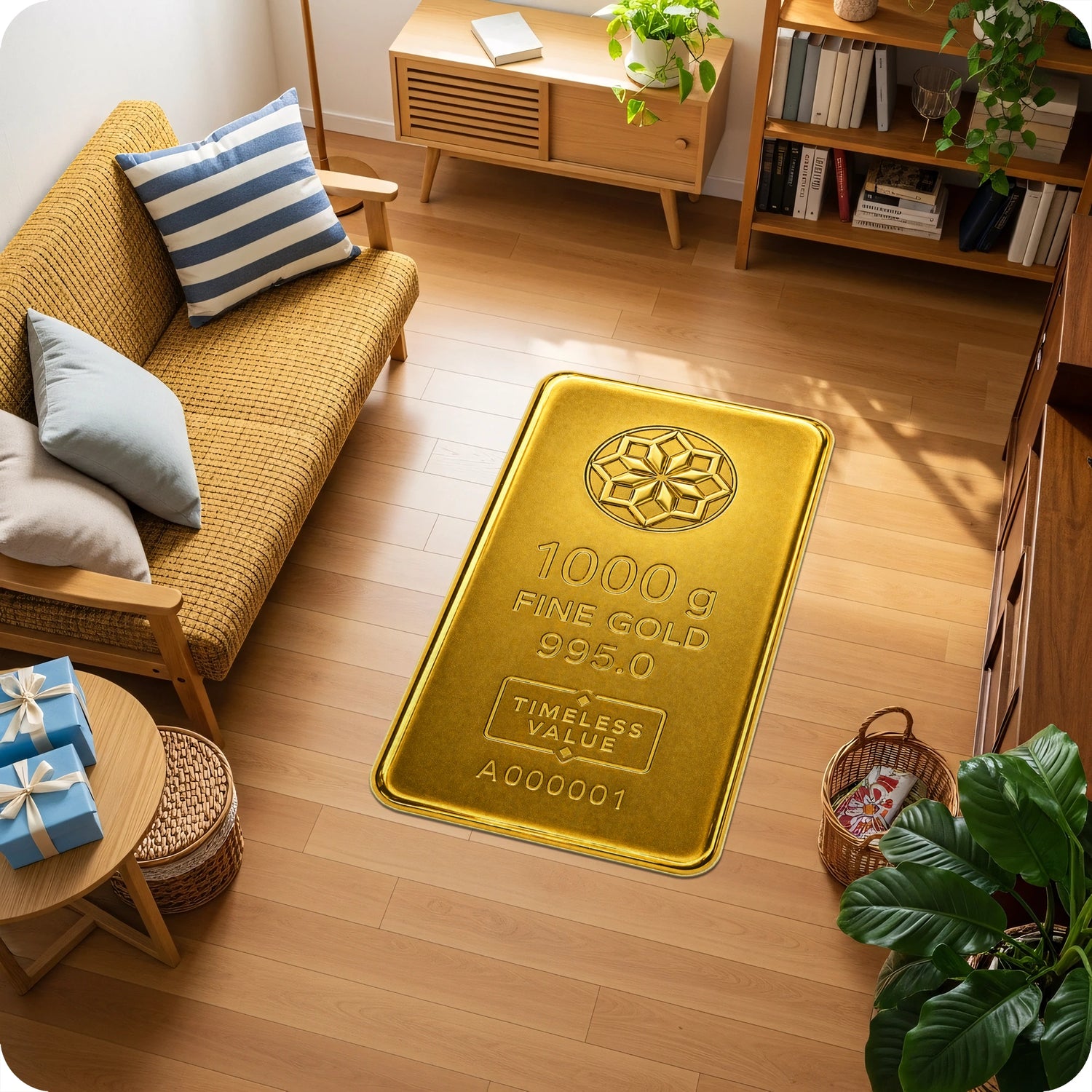 1000 Gram Külçe Altın Desenli Yatırım Temalı Dekor Halı