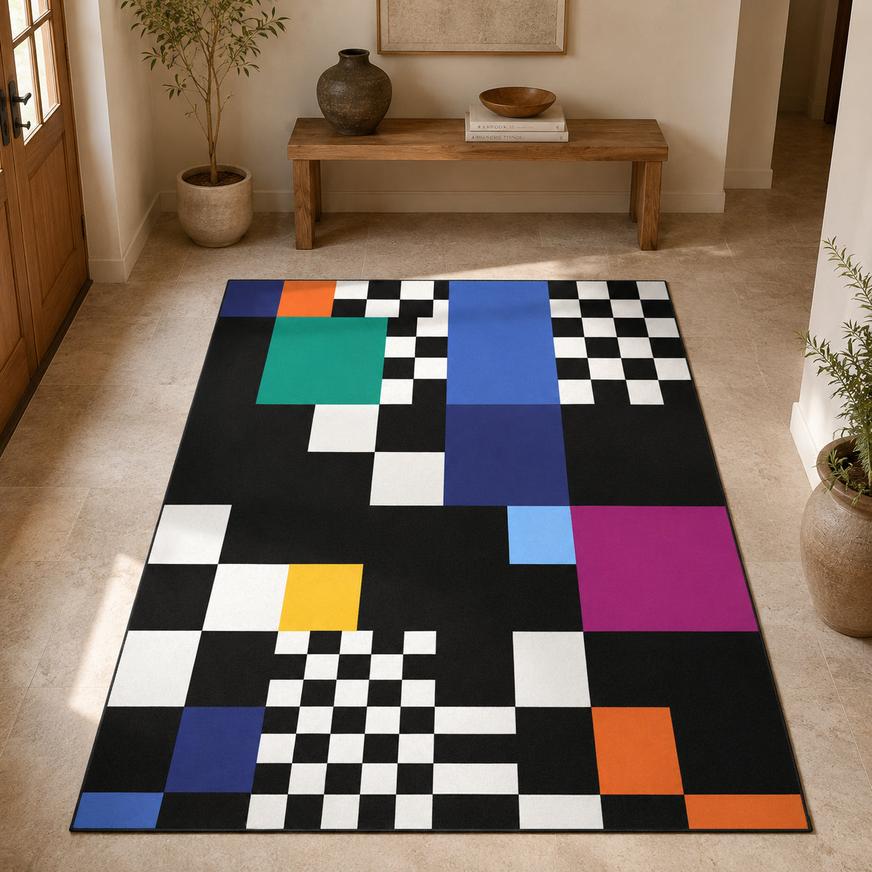 Pixel Art Desenli Renkli Kareli Geometrik Modern Halı