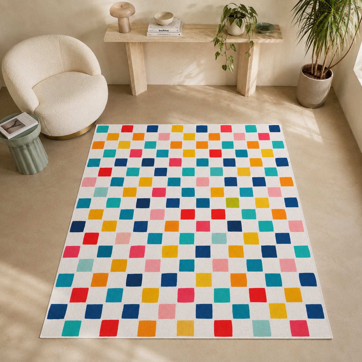 Renkli Kareli Geometrik Desenli Modern Salon Halısı