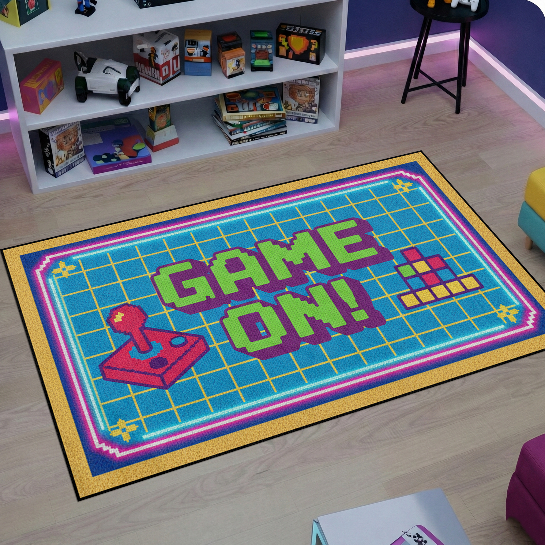 Retro oyun temalı dekoratif halı, merkezde GAME ON! yazısı ile dikkat çeker. Piksel stil joystick ve grid zemin detayları ile nostaljik ve enerjik bir tasarım sunar.