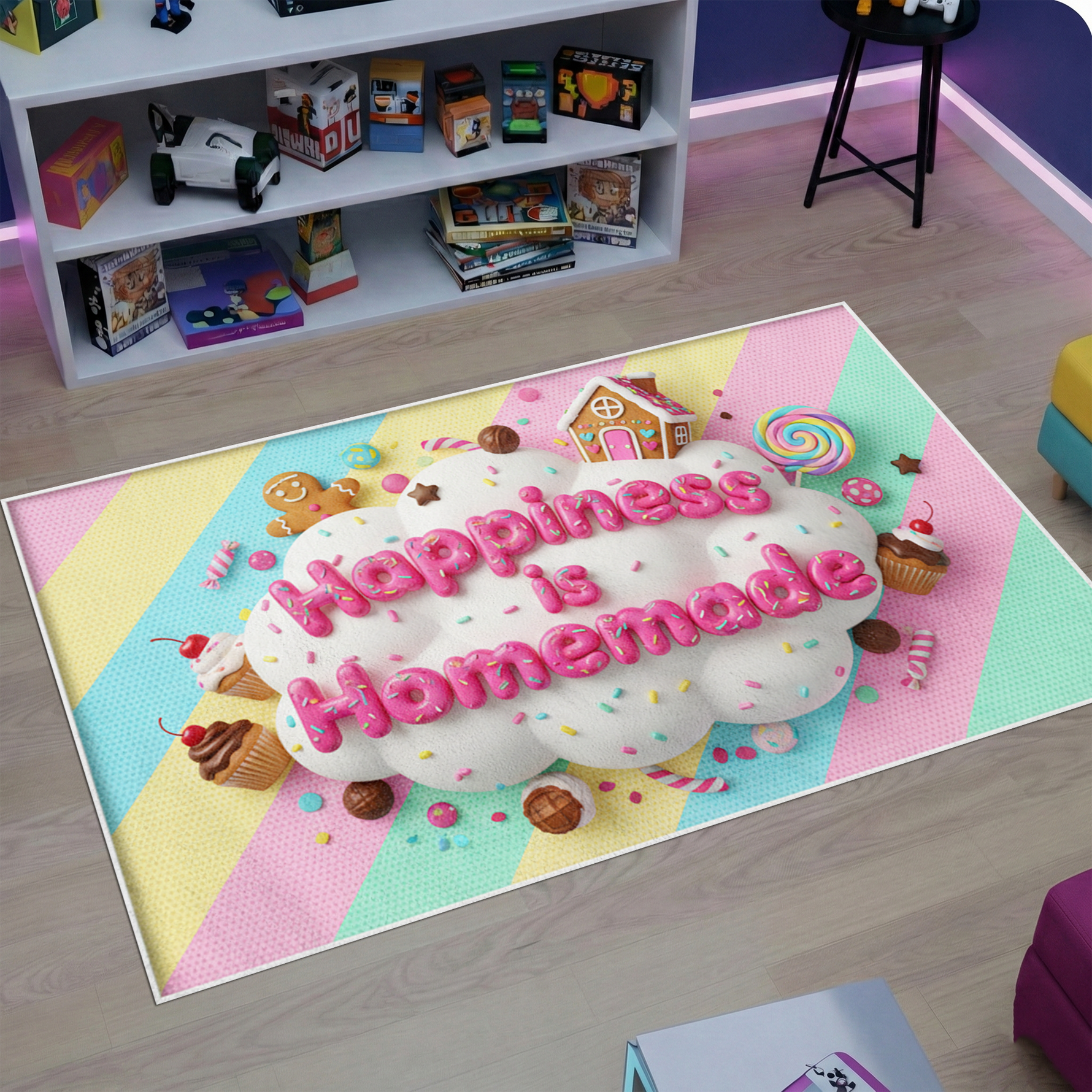 Modern ve pastel temalı dekoratif halı tasarımı, merkezde öne çıkan Happiness is Homemade yazısı ile dikkat çeker. Canlı renkler ve tatlı detaylar ile sıcak ve samimi bir görünüm oluşturur.