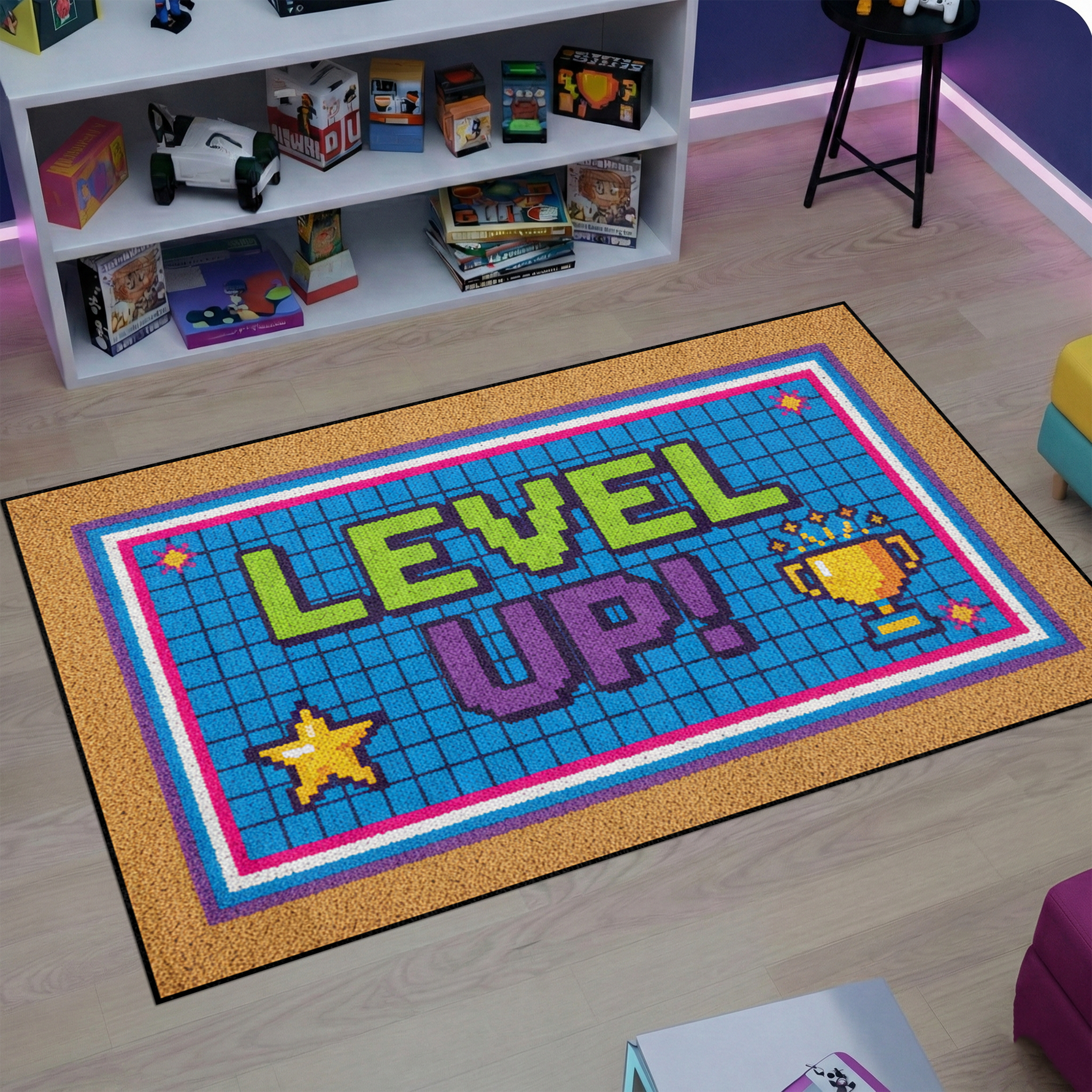 Eğlenceli ve modern dekoratif halı tasarımı, merkezde enerjik LEVEL UP yazısı içerir. Renkli detaylar ve piksel stil desenler ile dinamik ve estetik bir görünüm sunar.
