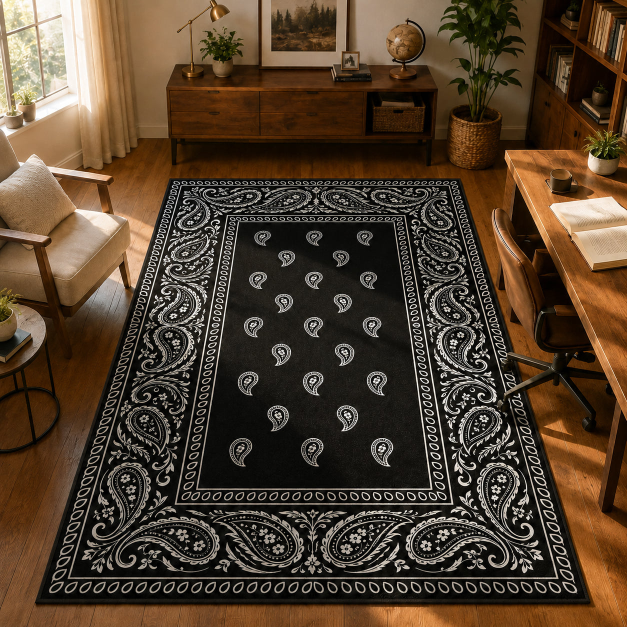 Siyah Beyaz Paisley Bandana Desenli Dekoratif Old School Halı