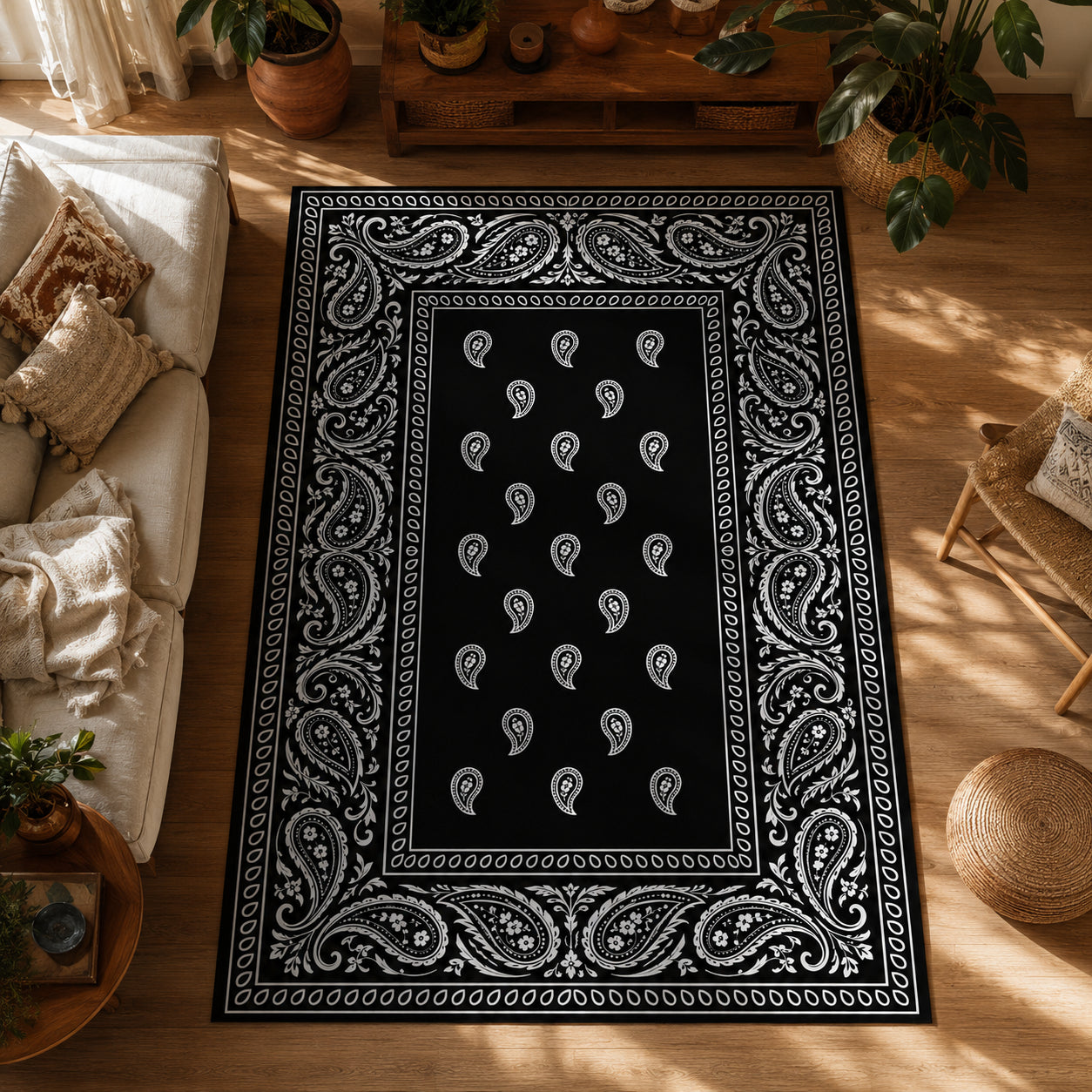 Siyah Beyaz Paisley Bandana Desenli Dekoratif Old School Halı