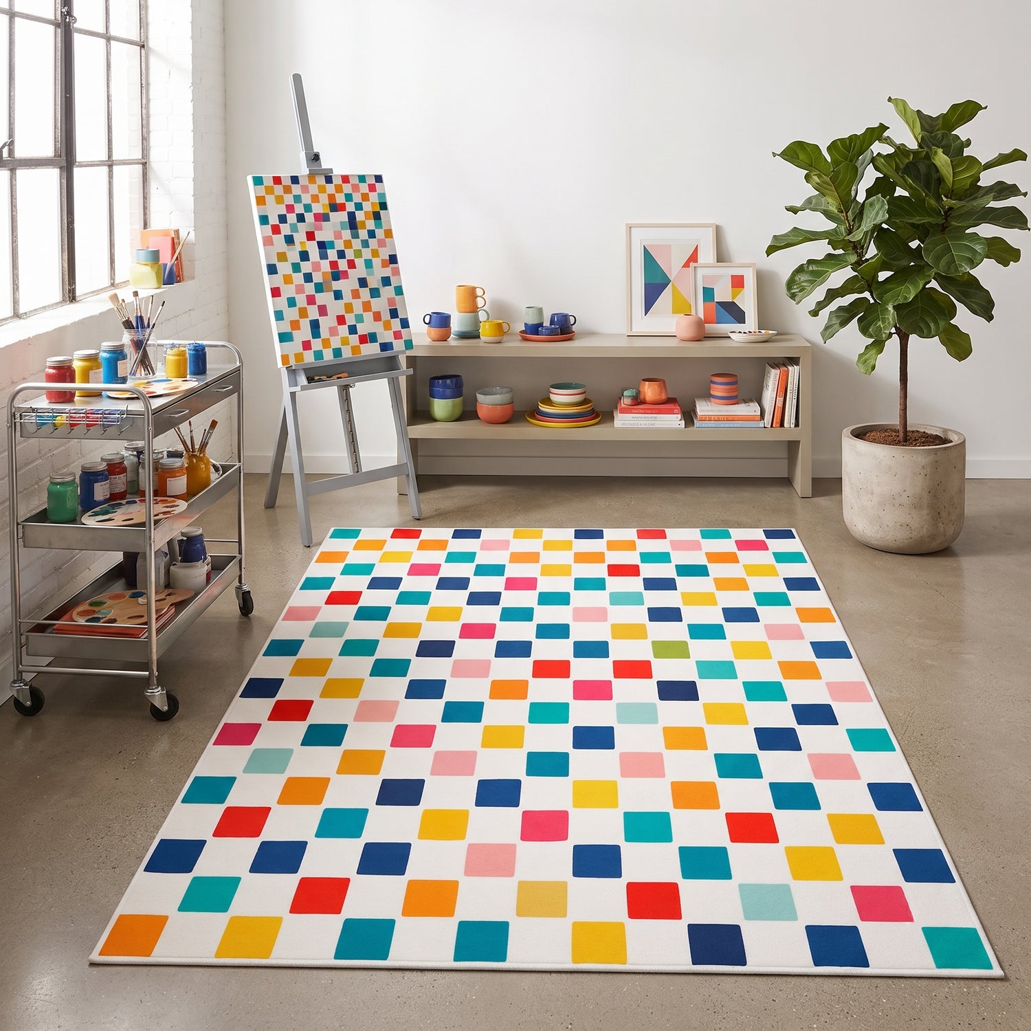 Renkli Kareli Geometrik Desenli Modern Salon Halısı